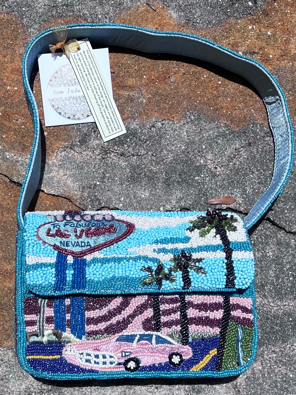 NWT From India to You Beaded Las Vegas Scene & Stripes Shoulder Bag
